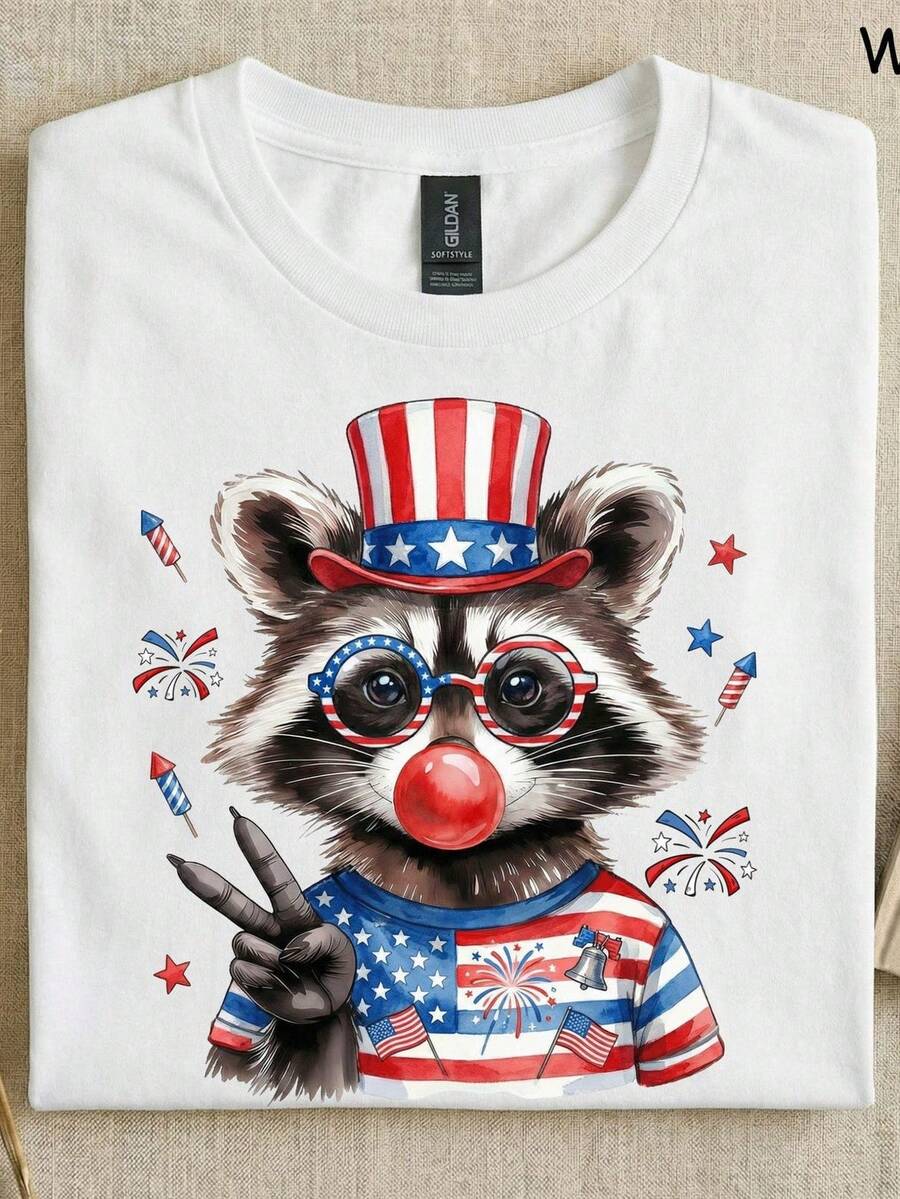 Camiseta patriótica RacC1oon, camiseta RacC1oon del 4 de julio, Día de la Independencia, sudadera divertida RacC1oon del 4 de julio con símbolo de la paz, RacC1oon con bandera estadounidense. Camiseta unisex de algodón puro de 220 g, peso ideal para todas las estaciones, adecuada para hombres y mujeres. Tejido duradero de alta calidad, suave al tacto y de larga duración. Parte superior transpirable. Adecuada para la primavera y el verano de las mujeres, vacaciones, Día de la Madre, Día de la Independencia. - Blanco - Ver 1