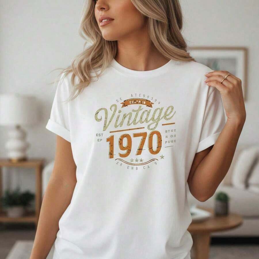 Women's Vintage Cotton T-Shirt With 70s Graphic Print, Casual Short Sleeve Crew Neck T-Shirt, Loose Fit, Basic Top For Everyday Wear, Available In Sizes S To 5XL, Women's Retro Letter Print Casual Black T-Shirt. - 白色 - 查看 1