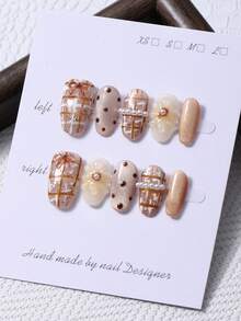10pcs/Set Handmade Press On Short Oval Nails In Y2K Mocha Brown & 3D Hand Painted Patterns & Hand Drawn Line Polka Dot Design. 1 Piece Of Jelly Gel And 1 Nail File. Suitable For Daily Life And Party Nail Care Supplies. - Mocha Brown - View 1