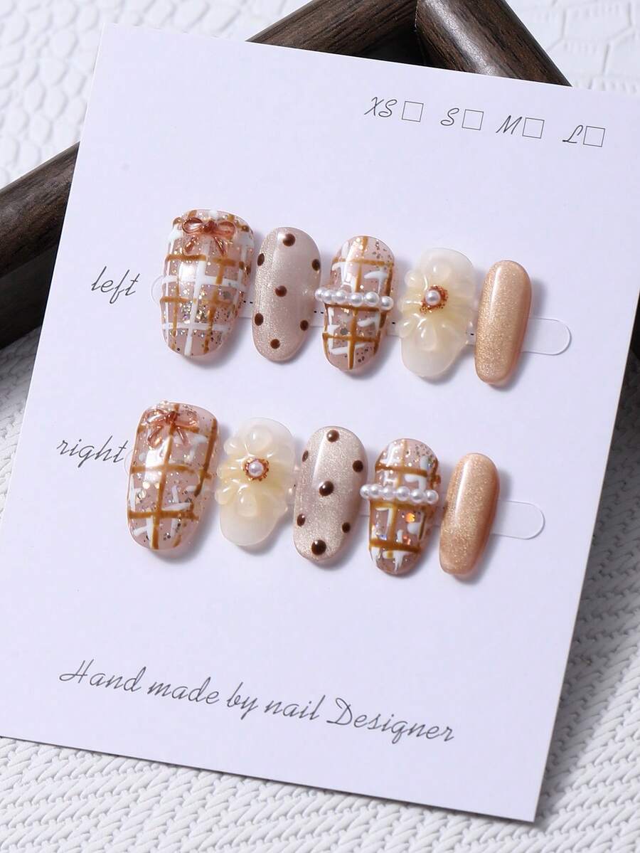 10pcs/Set Handmade Press On Short Oval Nails In Y2K Mocha Brown & 3D Hand Painted Patterns & Hand Drawn Line Polka Dot Design. 1 Piece Of Jelly Gel And 1 Nail File. Suitable For Daily Life And Party Nail Care Supplies. - Mocha Brown - View 1