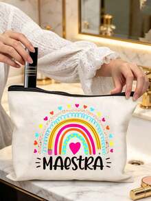 Maestra 主題化妝包套組，西班牙教師節禮物化妝包，「Gracias Maestra」花卉愛心印花帆布拉鍊包，Maestra 字母圖案化妝包，花卉印花拉鍊女用化妝包，送給她的禮物，適合女性化妝品收納、大學宿舍化妝品收納、女性旅行 - 彩色 - 查看 10