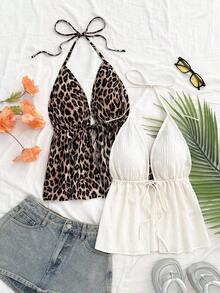 2 piezas Camiseta sin espalda con escote en V y tirantes con estampado de leopardo sexy, adecuada para vacaciones, citas, té de la tarde, vacaciones, festivales de música, estilo bohemio - Multicolor - Ver 1