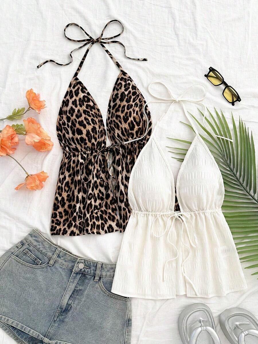 2 piezas Camiseta sin espalda con escote en V y tirantes con estampado de leopardo sexy, adecuada para vacaciones, citas, té de la tarde, vacaciones, festivales de música, estilo bohemio - Multicolor - Ver 1