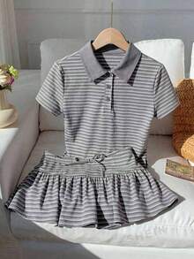 Conjunto de 2 piezas de camiseta de manga corta a rayas y minifalda casual de verano para mujer - Gris - Ver 4