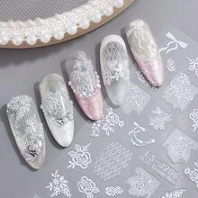 白色蕾丝优雅法式花卉美甲贴纸，3D立体花朵蝴蝶结美甲贴花，适合婚礼、春夏美甲装饰，美甲用品 - 彩色 - 查看 6