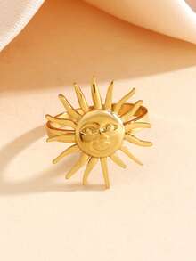 1 pieza Anillo abierto minimalista con forma de sol, chapado en oro de 18K de acero inoxidable, adecuado para uso diario, fiestas y eventos de mujeres - Dorado - Ver 4