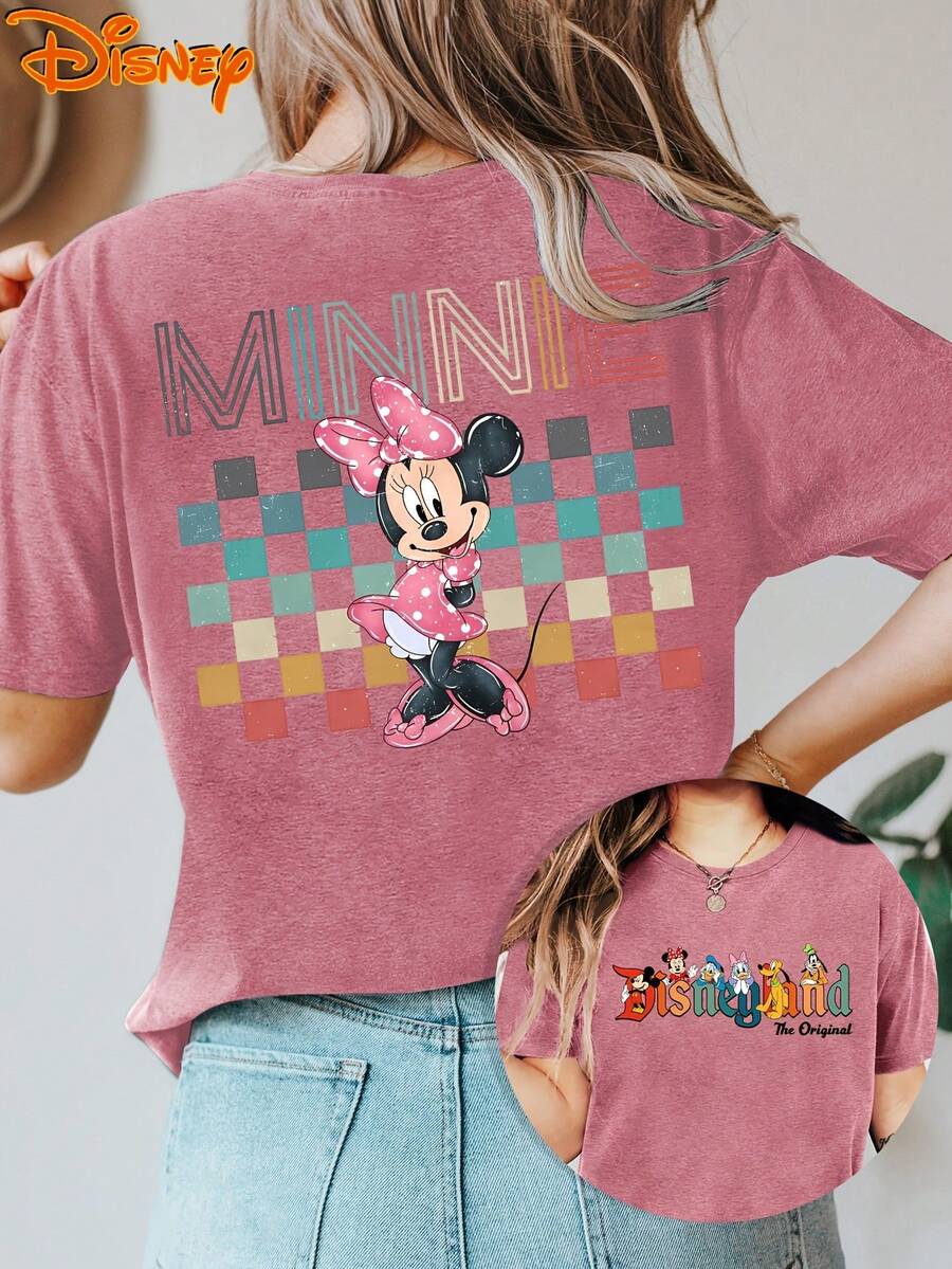 Women'S Disney Short Sleeve Crew Neck T-Shirt, Vintage Cartoon Chessboard Watercolor Print, Double-Sided Minnie Mouse Design, Casual Everyday Summer Top, Breathable Comfort, Spring, Summer, Fall, Disney Travel, Fashionable Vintage Style, S-XXL - 磚紅色 - 查看 1