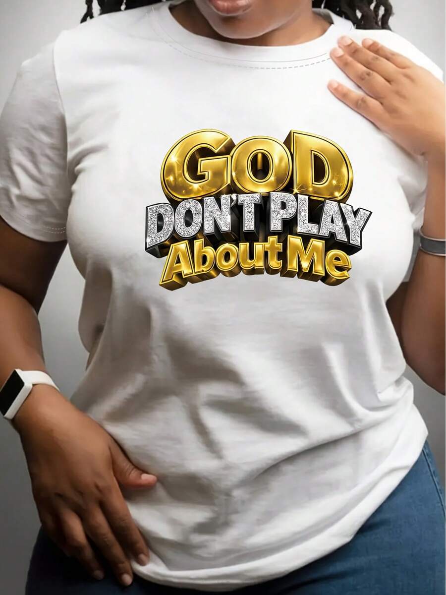Camiseta con Estampado "God Won't Tease Me", Manga Corta, Cuello Redondo Casual, Ropa de Mujer para Primavera/Verano, 100% Algodón - Blanco - Ver 1
