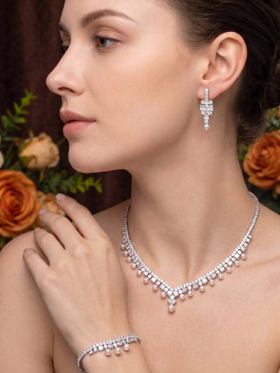 1 Conjunto de Joias Elegantes e de Luxo com Zircônia Cúbica e Pérola Falsa, Incluindo 1 Par de Brincos, 1 Colar, 1 Pulseira, 1 Anel, Adequado para Casamento e Ocasiões Formais, Excluindo a Caixa de Presente - Prata - Visão 1