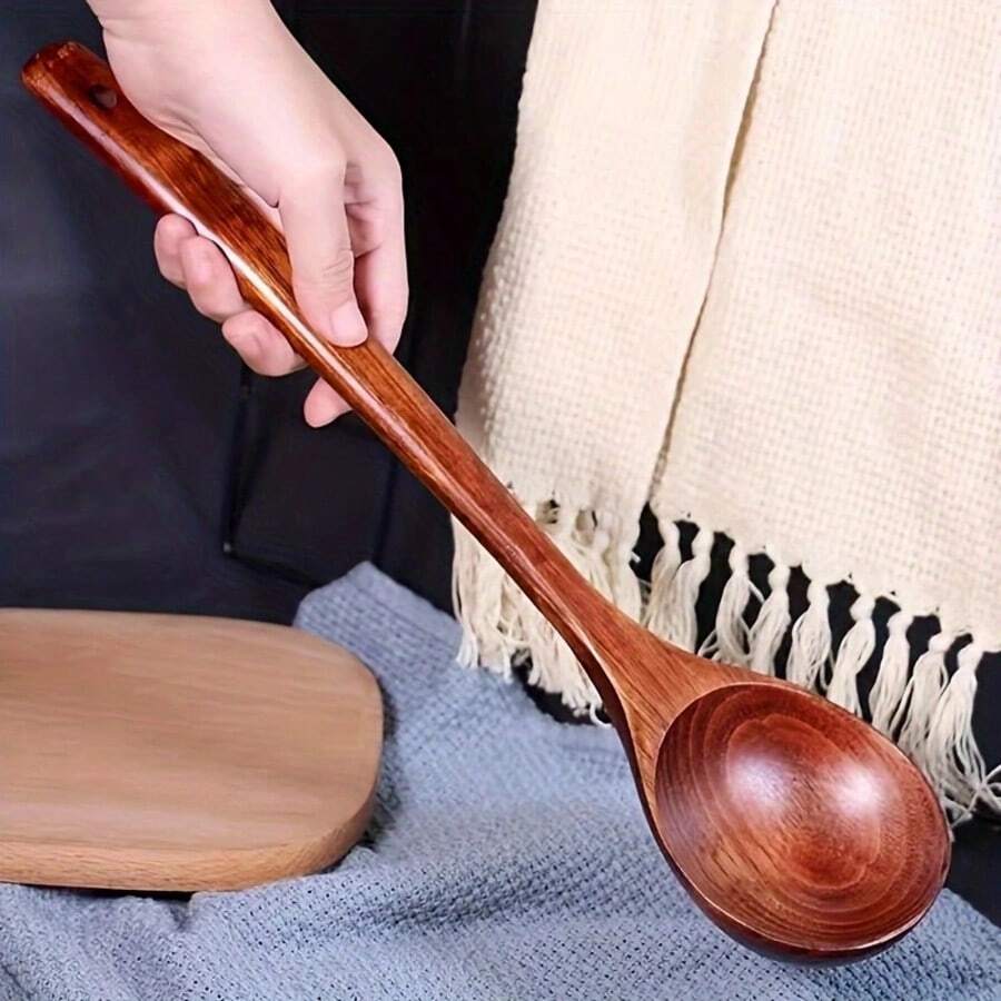 Natural Wooden Long-Handle Soup Ladle, Uncoated & Unwaxed Household Soup Spoon, Non-Stick Pot Heat-Resistant Wooden Spoon, Kitchen Porridge & Rice Spoon, Hanging Style Wooden Spoon