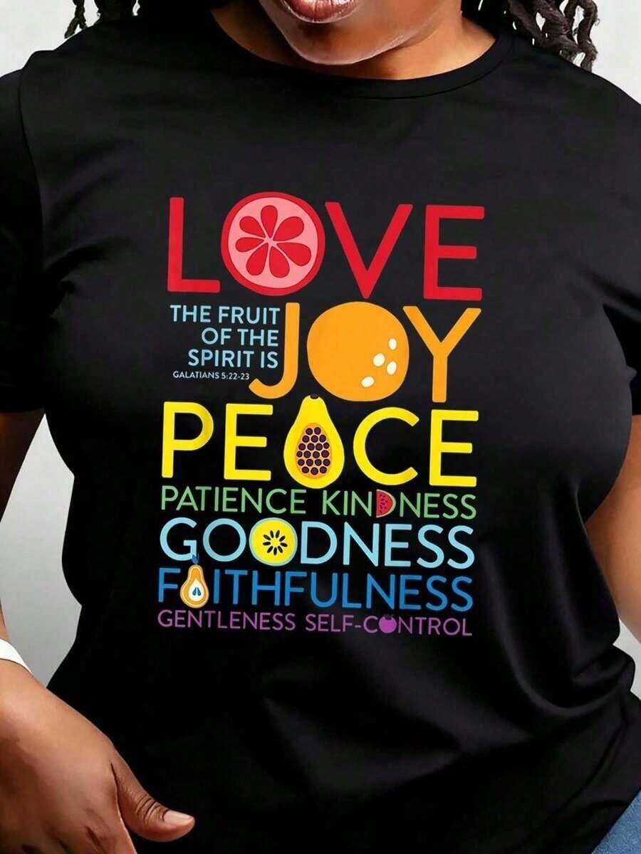 Women's Summer T-Shirt, Vintage Y2K Style, With Fruit Print And Inspirational Verses - Faith Clothing With Verses Of Love, Joy, And Peace (Psalm 23, Matthew 5), Short Sleeve, Round Neck, Casual Top For Religious Events And Casual Wear. Fashionable, Cool, And Comfortable. - 黑色 - 查看 1