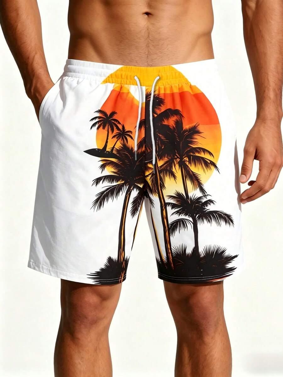 Men's Swim Trunks, Loose Fit Drawstring Waist Palm Tree Print Beach Shorts With Side Pockets - White - View 1