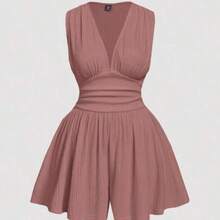 MOD V-Neck Ruffled Waist Short Plus Size Women's Jumpsuit - Rosa vieja - Ver 1