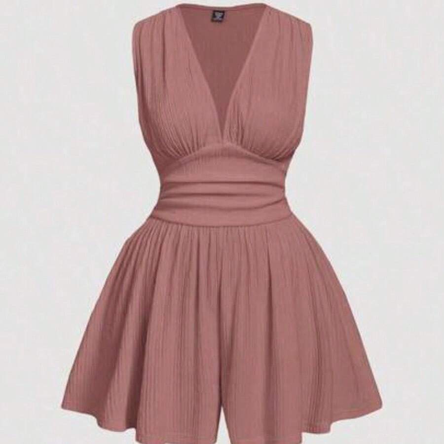 MOD V-Neck Ruffled Waist Short Plus Size Women's Jumpsuit - Rosa vieja - Ver 1