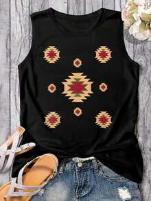 Casual Printed Vest, Printed Tank Top Western  Geometric  Southwest  Print Fun Printed Women'S Tank Top New Women'S Fashion Beach Vacation Style Easy Tank Top, Spaghetti Strap Tank - màu đen - Xem 2