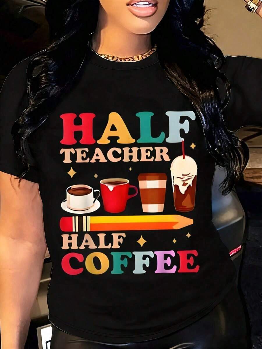 Camiseta Divertida para Maestros y Amantes del Café: "Mitad Maestro, Mitad Café" - Negro - Ver 1