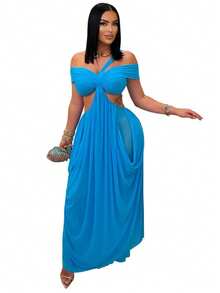 Vestido nuevo de verano para mujer, de moda, sexy, top tubo, corte entallado, unicolor, de tul transparente, diseño francés, favorecedor, perfecto para fiestas, citas y looks de noche - Azul - Ver 8