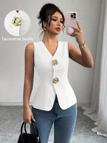 Blusa exterior con cuello en V ajustada con decoración de botones dorados con rosas - Blanco - Ver 9