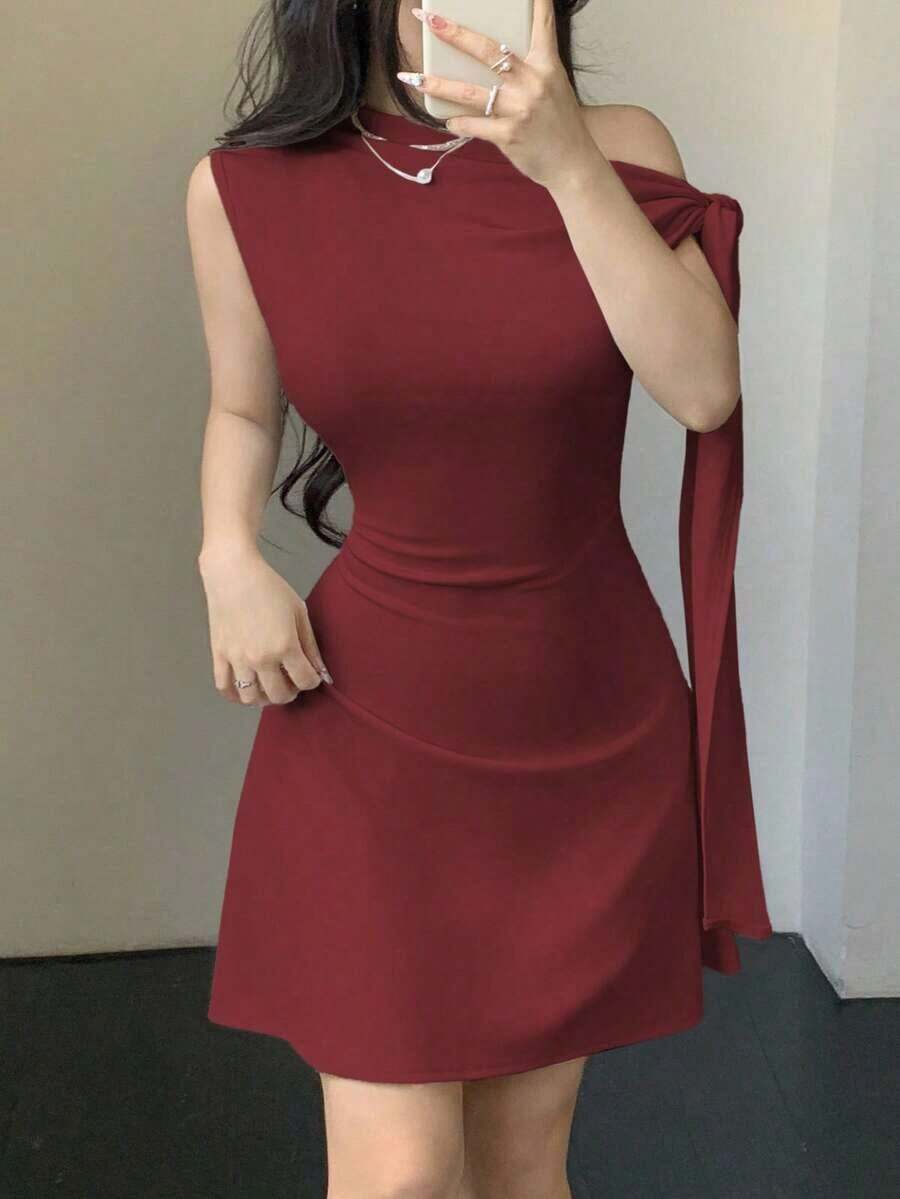 Vestido corto asimétrico con nudo en la cintura para mujer - Granate - Ver 1