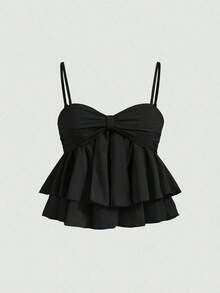 Top de tirantes con volantes y pliegues de color rosa dulce para mujer, top corto de verano - Negro - Ver 1