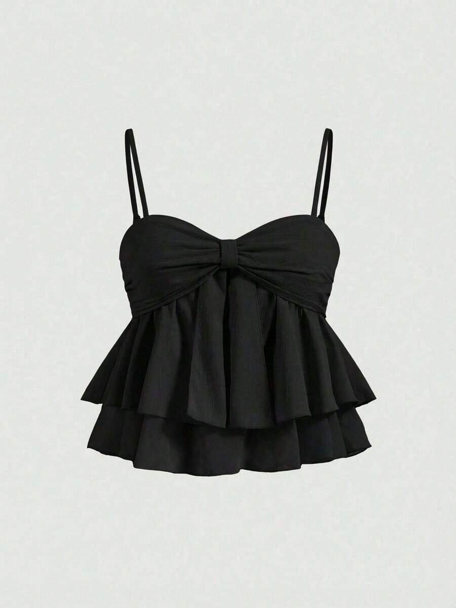 Top de tirantes con volantes y pliegues de color rosa dulce para mujer, top corto de verano - Negro - Ver 1