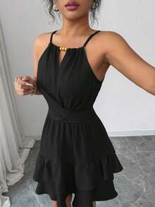 Vestido mini ajustado y acampanado sin mangas, elegante, de color caqui, con lazo de cuentas para mujer, para primavera/verano - Negro - Ver 3