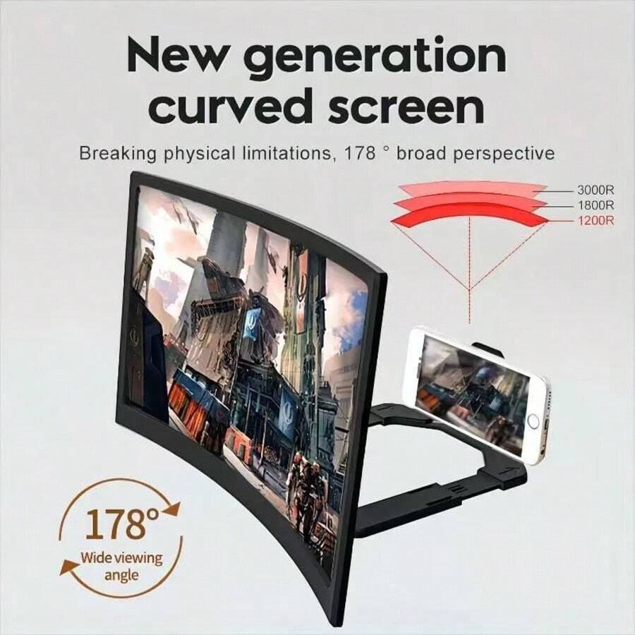 Magnificador de pantalla de teléfono móvil curvo de 12 pulgadas, magnificador de pantalla de proyección 3D HD, adecuado para ver películas y videos, soporte plegable para teléfono con magnificador de pantalla, compatible con todos los teléfonos inteligentes (negro)