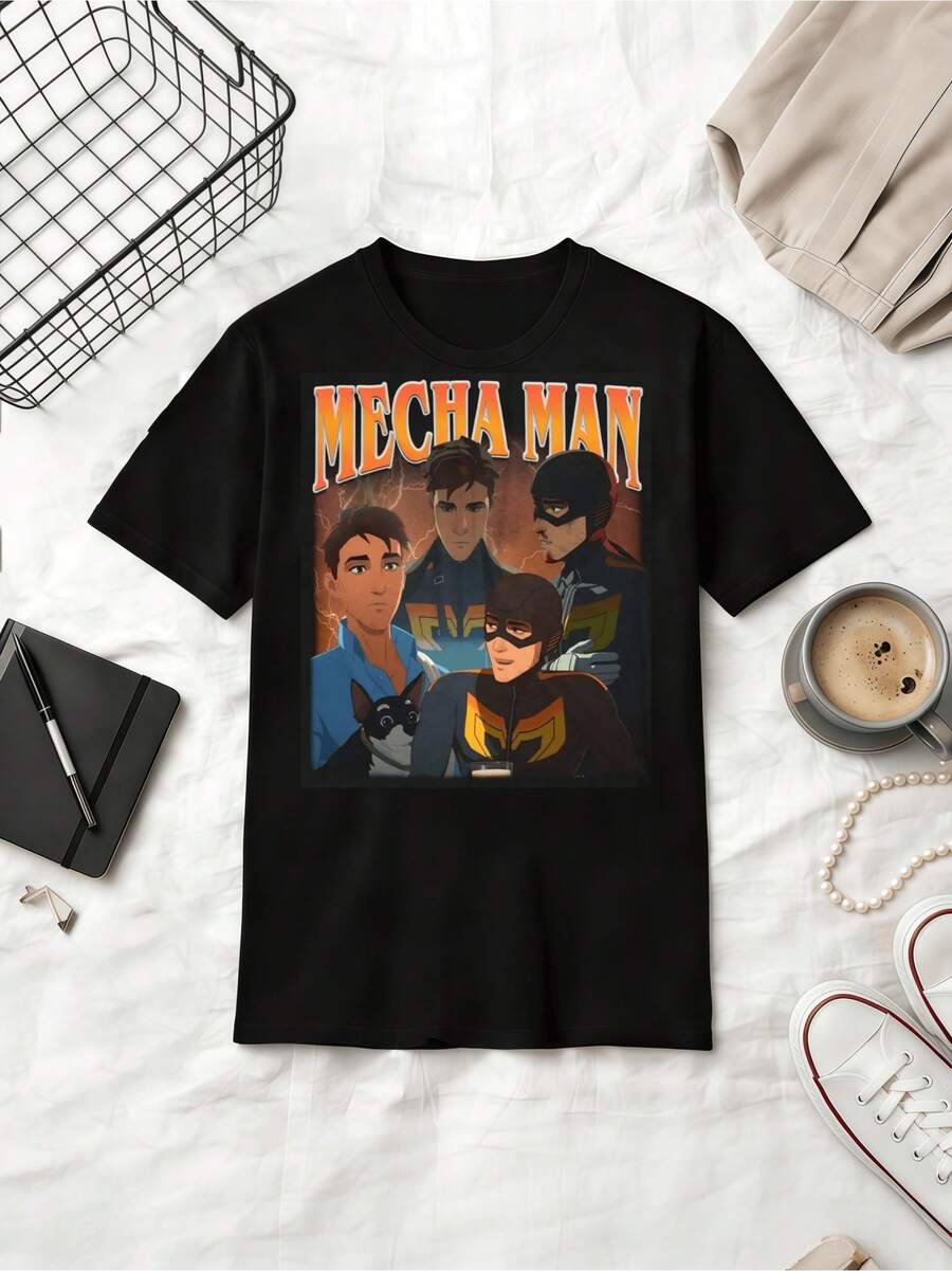 Mecha Man Retro Anime Style Cotton T-Shirt - Black - View 1