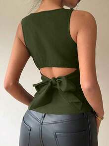 Blusa sin mangas con cuello redondo y lazo en la espalda, para uso casual y de oficina - Verde militar - Ver 2