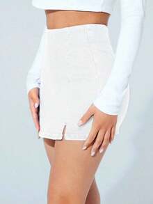Falda pantalón informal de mezclilla con corte alto y dobladillo con doble abertura para mujer - Blanco - Ver 3