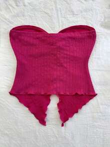 Nuevo estilo de top tubo de punto estampado rosa con dobladillo retorcido asimétrico y espalda descubierta para playa, resort, festival de música y verano bohemio para mujeres - Rosa Fucsia - Ver 2