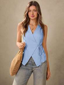 Chaleco estilo BOHO casual de estilo campestre estadounidense en color crema amarillento, con tirantes delgados, adecuado para maestras, oficina, viajes, con aspecto vintage.Blusa de verano para mujer en color amarillo claro, top de verano para mujer, top con lazo amarillo, top envolvente amarillo, top cruzado para mujer, top de verano para mujer de estilo occidental, para maestras de campo - Celeste - Ver 1