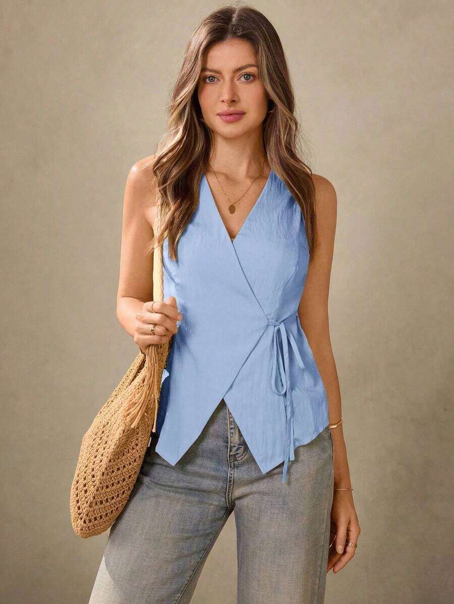 Chaleco estilo BOHO casual de estilo campestre estadounidense en color crema amarillento, con tirantes delgados, adecuado para maestras, oficina, viajes, con aspecto vintage.Blusa de verano para mujer en color amarillo claro, top de verano para mujer, top con lazo amarillo, top envolvente amarillo, top cruzado para mujer, top de verano para mujer de estilo occidental, para maestras de campo - Celeste - Ver 1
