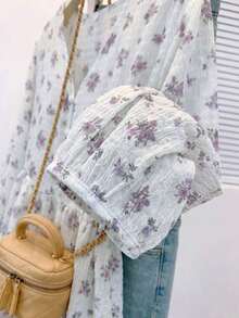 Blusa de mujer con cuello en V de gasa con estampado floral romántico, manga farol, corte holgado y silueta favorecedora, adecuada para uso casual, de calle y de oficina en vacaciones de verano - Celeste - Ver 8
