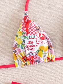 Swim Mod Conjunto de bikini de dos piezas con estampado de frutas y verduras en todo el diseño, con escote halter y lazos, para vacaciones de verano - Multicolor 5 - Ver 4