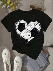 1 pieza [Camiseta Deportiva] Camiseta de Mujer con Diseño de Corazón de Fútbol - Diseño de Fútbol en Blanco y Negro, Camiseta Casual de Cuello Redondo, Cómoda para Usar en Todas las Temporadas, Perfecta para Fanáticos del Deporte y Ropa Casual, Fútbol, Corte Relajado, Talla Grande, 180g, 100% Algodón - Blanco - Ver 10