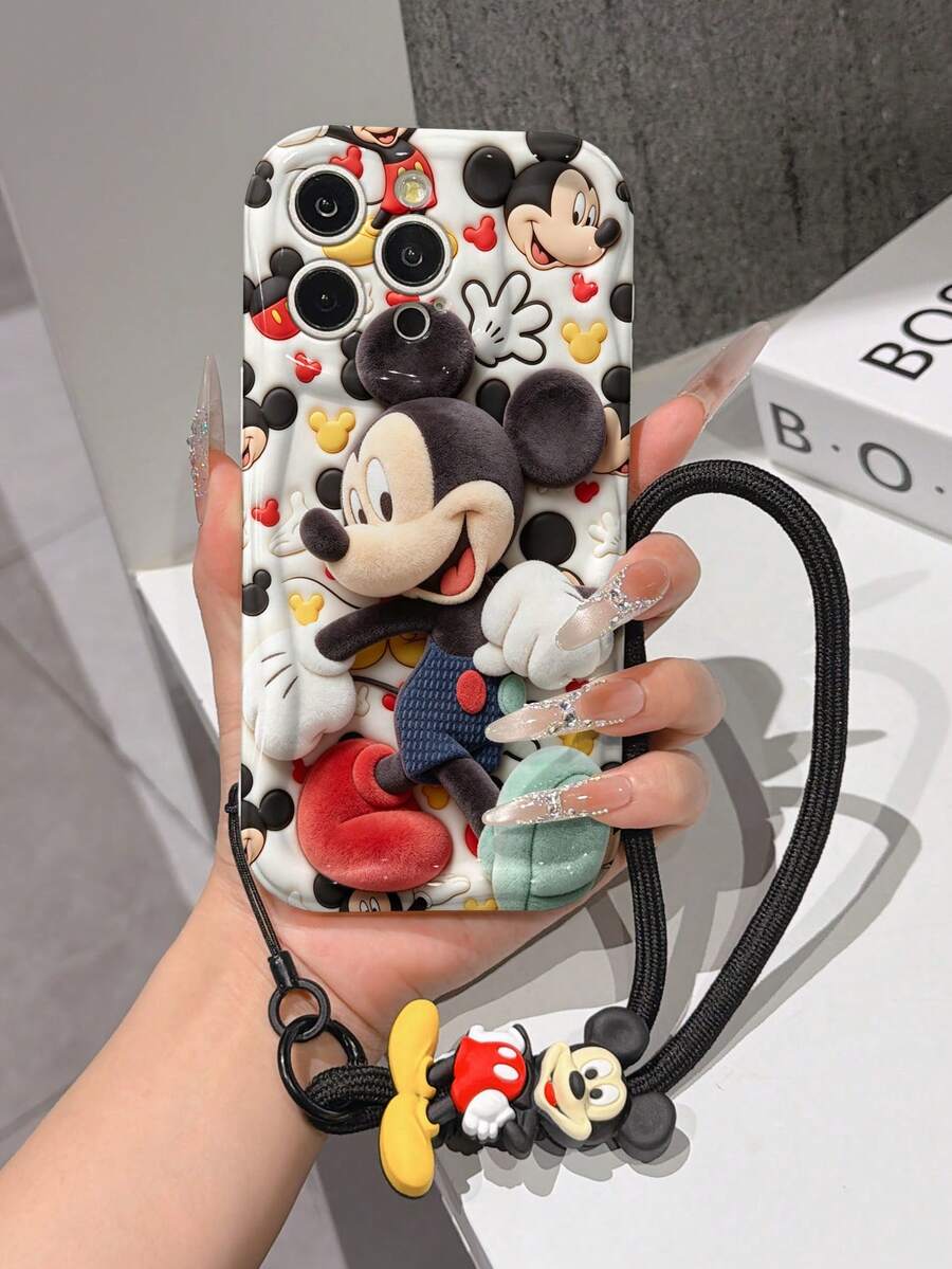 This Disney Mickey Mouse Lanyard Phone Case Is Fully Covered In TPU Material. It's Shockproof, Lightweight, And Compatible With IPhone17/16/11/13/15/15 Plus/15 Pro/15 Pro Max/12/14 Pro Max/11 Pro Max/12 Pro/12 Pro Max/13. This Phone Case Makes A Popular Birthday Gift Or Business Gift; It's Durable, Stain- And Fingerprint Resistant, And Suitable For Both Men And Women. The Set Also Includes A Mickey Mouse Phone Case And A Mickey Mouse Plush Bracelet. It's A Perfect Gift For Friends And Family. This Stylish Phone Case Is Fun, Lightweight, And Durable. IPhone17 Pro Max Phone Case, Minnie Mouse Phone Case. - trắng - Xem 1