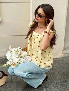 Blusa de mujer con cuello cuadrado y mangas cortas con estampado de lunares - Multicolor - Ver 5