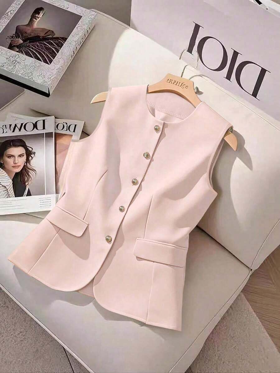 Camisa sin mangas de unicolor y estilo minimalista con botones para mujer - Rosa - Ver 1