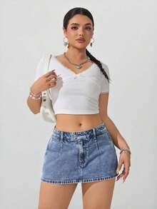 Falda mini de mezclilla lavada informal para mujer - Niebla azul - Ver 3