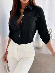 Camisa de mujer de manga larga de unicolor casual con puño - Negro - Ver 3