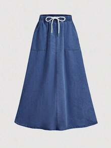 Minifalda vaquera con cordón en la cintura, bolsillos y versátil para vacaciones y fiestas - Azul lavado oscuro - Ver 1