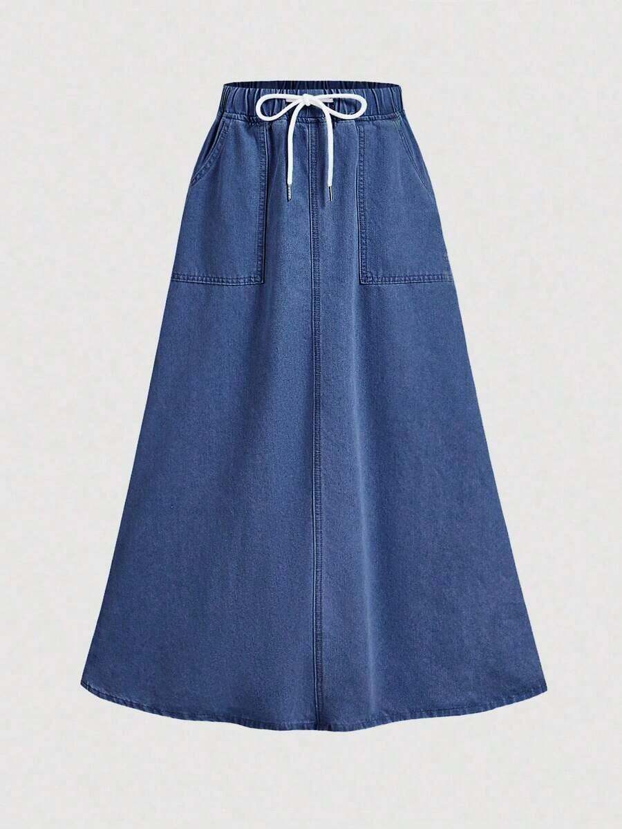Minifalda vaquera con cordón en la cintura, bolsillos y versátil para vacaciones y fiestas - Azul lavado oscuro - Ver 1