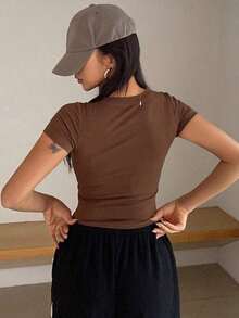 Camiseta de manga corta de unicolor casual para mujer, verano - Marrón 2 - Ver 3