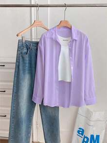 Camisa casual de manga larga, de un solo pecho, de unicolor y holgada para mujer - Púrpura malva - Ver 5