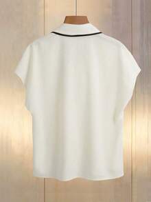 Blusa versátil y casual con mangas de murciélago, cuello en V y estampado de pañuelo, color beige, adecuada para primavera y verano - Caqui - Ver 6