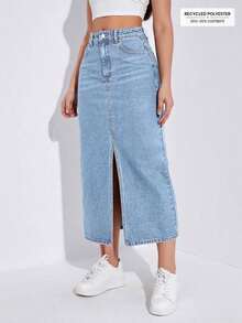 Falda vaquera larga casual con bolsillos y abertura lateral para mujer - Azul 2 - Ver 4