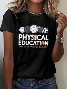 Women's "Physical Education" Graphic T-Shirt - Short Sleeve, Crew Neck, Casual Style With Volleyball, Basketball, And Soccer Illustrations, Suitable For Spring And Summer, Casual Wear | Design Y | Soft, Wear-Resistant Fabric - 黑色 - 查看 7