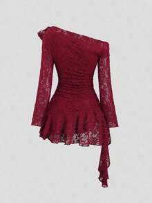 Sweetro Vestido asimétrico con hombro y bajo asimétricos, con encaje, estilo Y2K sexy - Burdeos - Ver 2