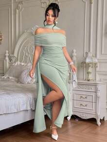 Vestido largo de fiesta elegante y ajustado con hombros descubiertos y abertura para mujer de talla grande, ideal para fiestas navideñas y ocasiones formales.Disponible en azul marino. - verde menta - Ver 7
